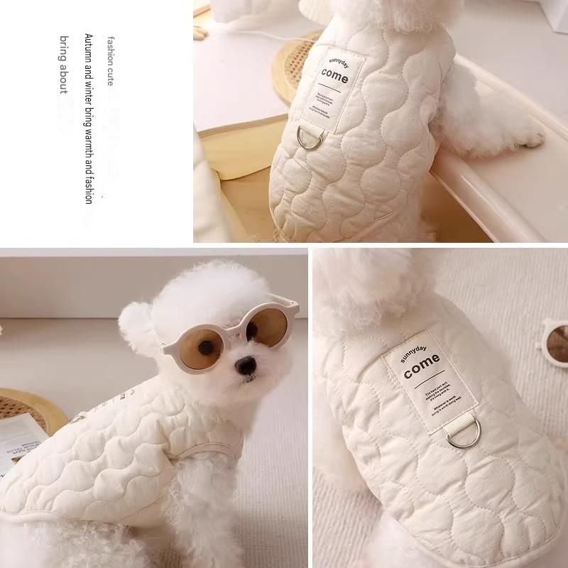 Winter Pet Care Bundle - S Size 32*20cm Beige Quilted Dog Vest with Leash Ring view 4