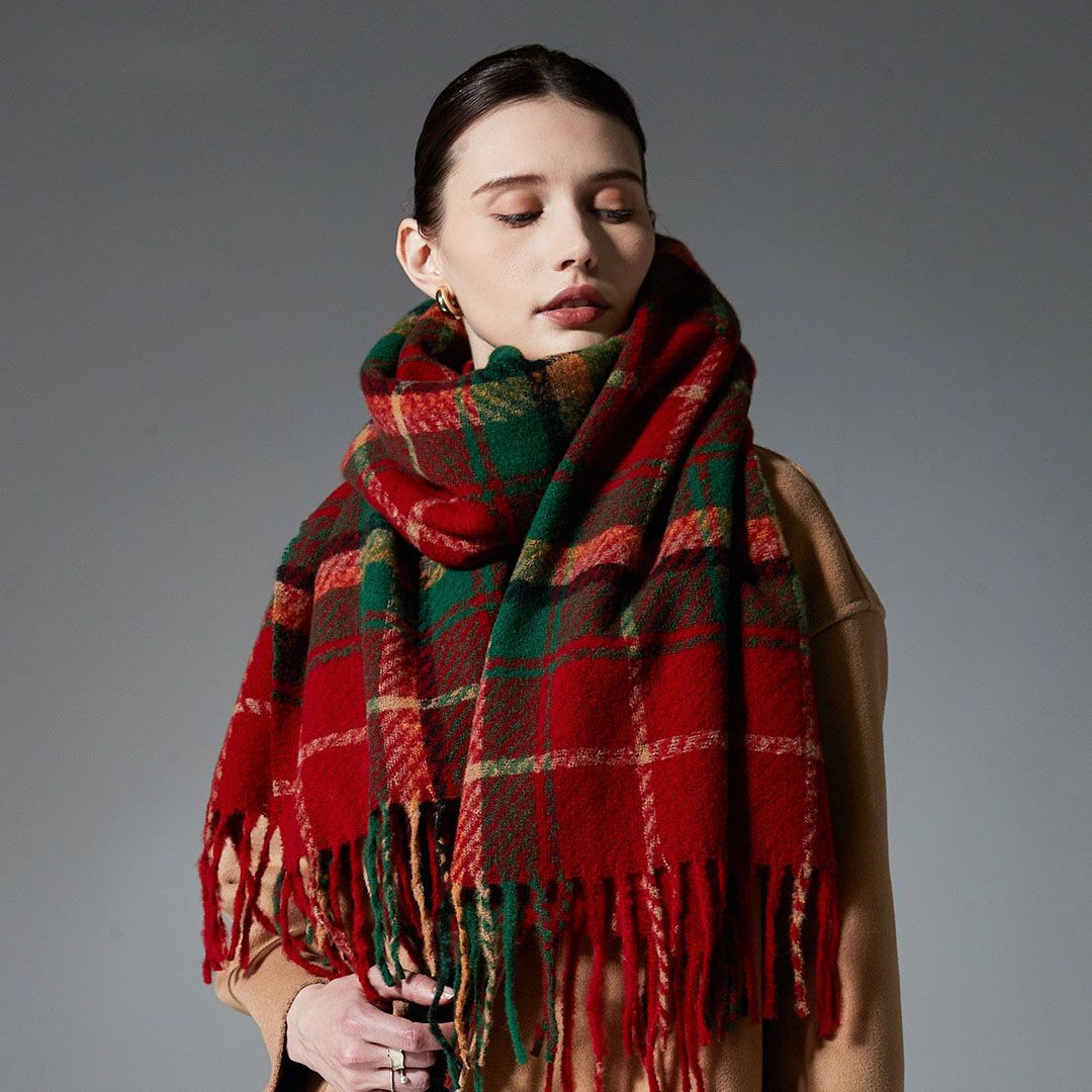 Brown + Red Striped Wool-Blend Beanie & Plaid Fringed Scarf Set — Soft Knit view 2