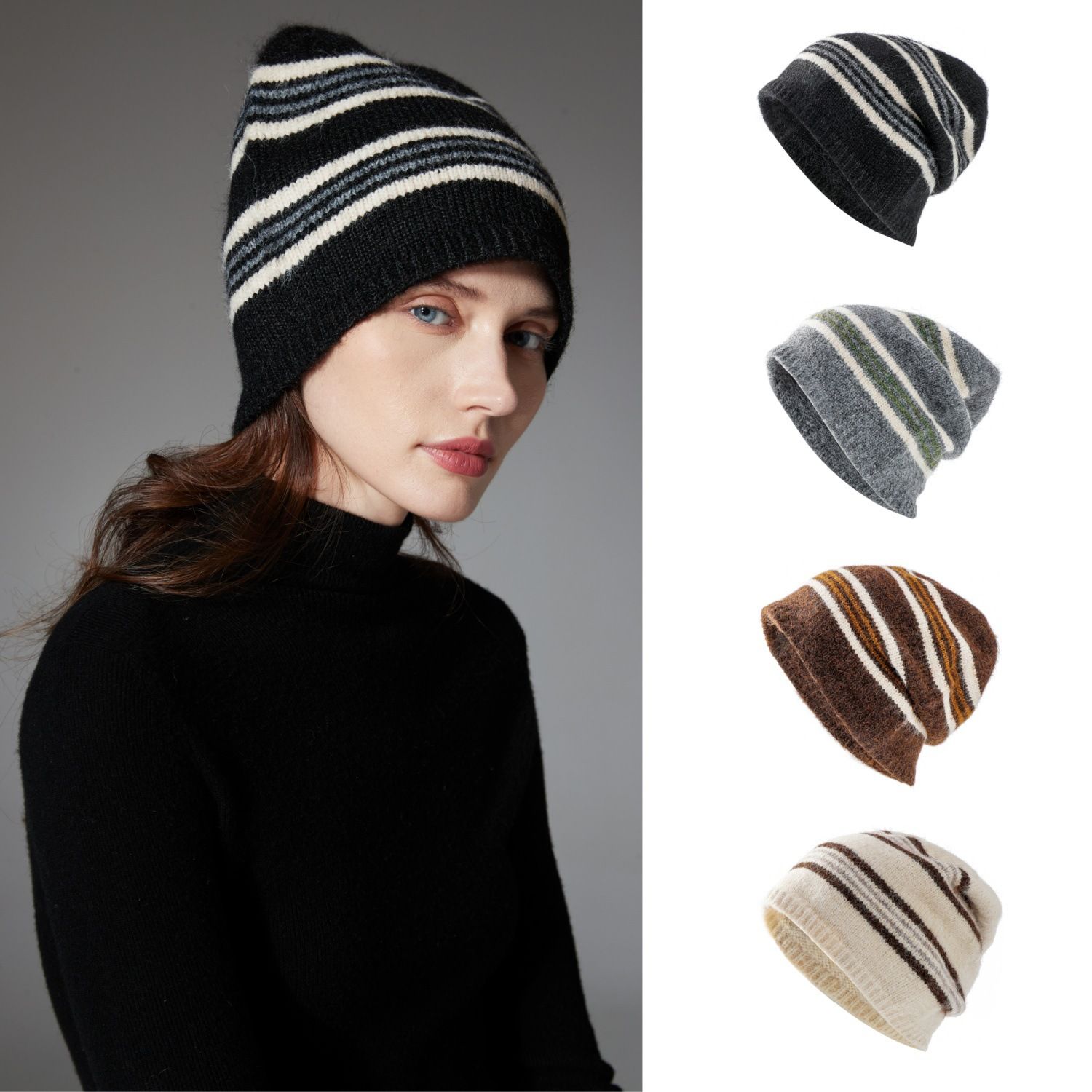 Brown + Red Striped Wool-Blend Beanie & Plaid Fringed Scarf Set — Soft Knit view 3