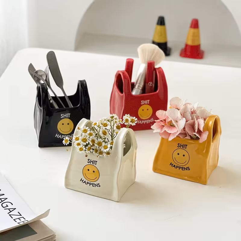 Black Ceramic Mini Tote Bag Pen Holder - Creative Desktop Storage Organizer view 2