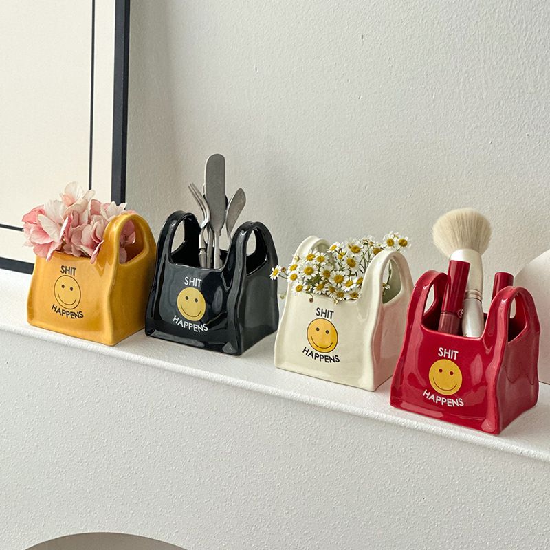 Black Ceramic Mini Tote Bag Pen Holder - Creative Desktop Storage Organizer view 3