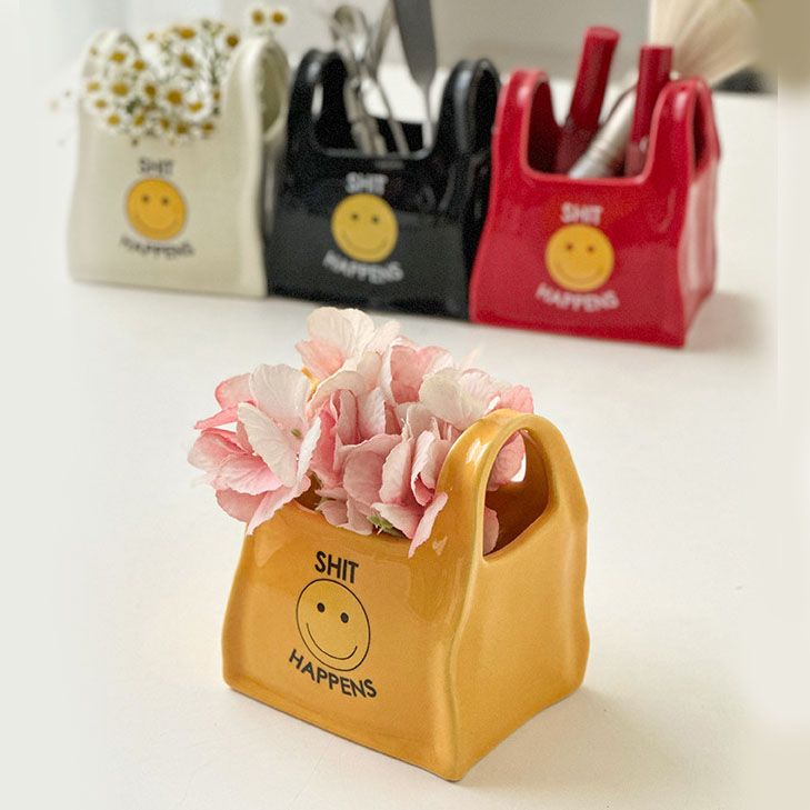 Yellow Ceramic Mini Tote Bag Pen Holder - Creative Desktop Storage Organizer view 2