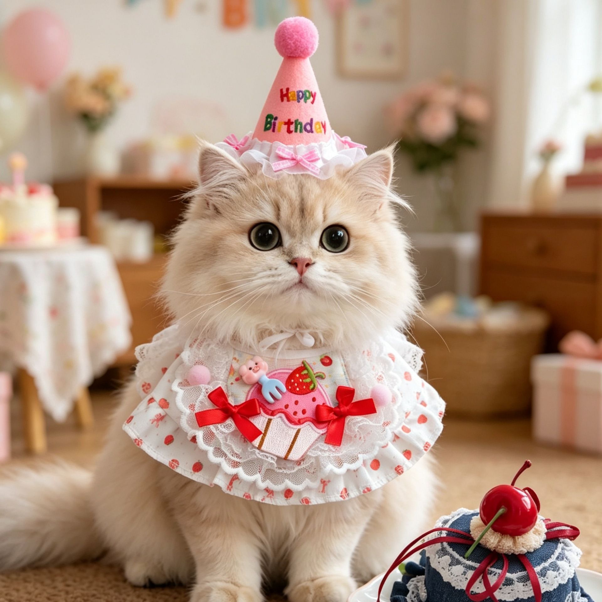 Size M Pink Pet Birthday Party Supplies Strawberry Cake Bib and Hat Set Cat