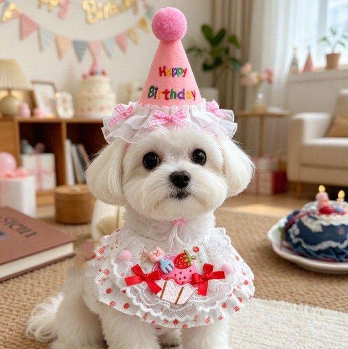 Size L Pink Pet Birthday Party Supplies Strawberry Cake Bib and Hat Set Cat