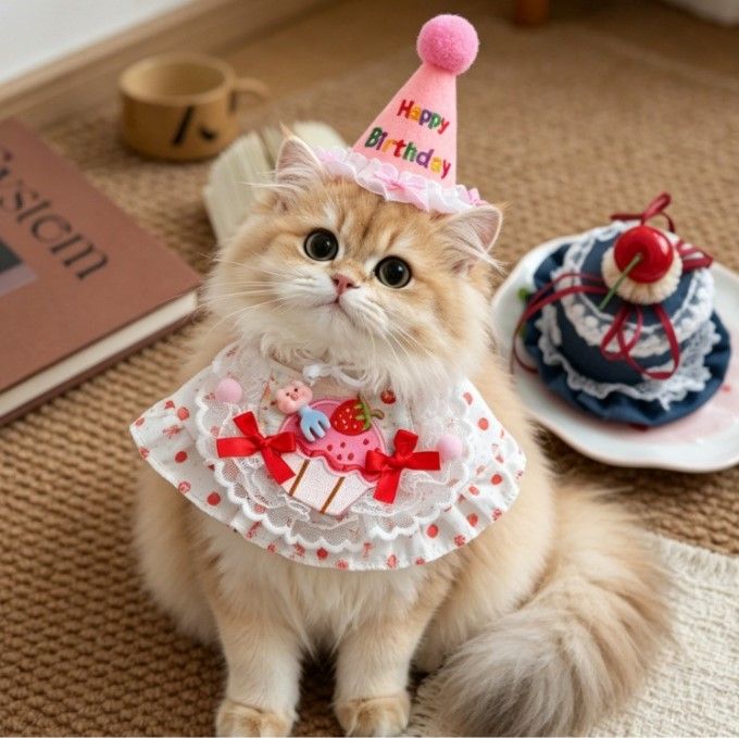 Size L Pink Pet Birthday Party Supplies Strawberry Cake Bib and Hat Set Cat view 2