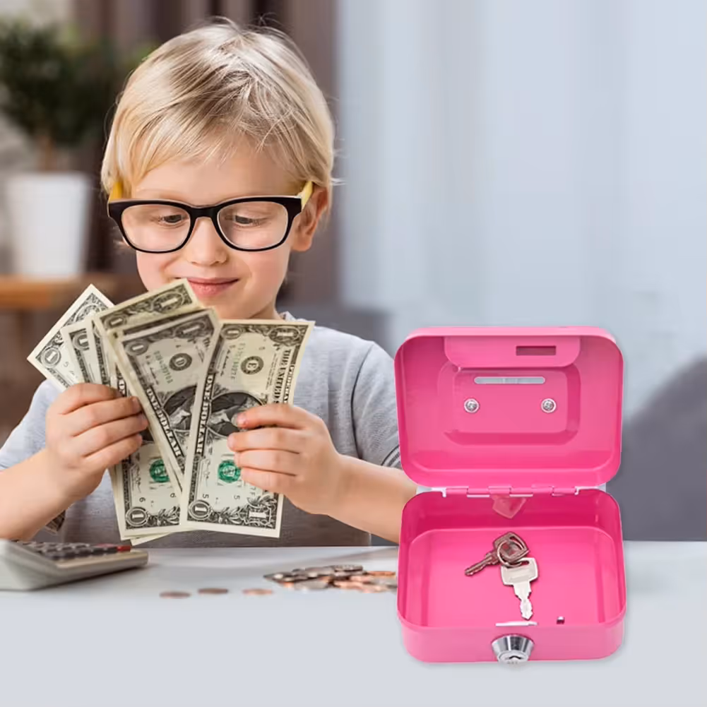 Gray Lockable Metal Cash Box with Coin Slot Portable Money Storage Box Small view 3