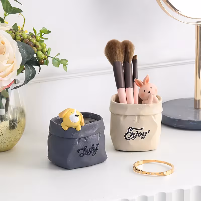 Creative Animal-Themed "Paper Bag" Pen Holder (Cat) — Resin Desktop Organizer view 3