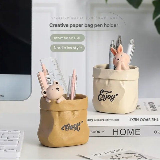 Creative Animal-Themed "Paper Bag" Pen Holder (Bear) — Resin Desktop Organizer view 4