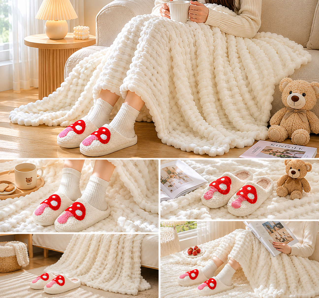 Mushroom-Themed Plush Slippers & Bubble Fleece Throw Blanket Set — A Cozy view 3