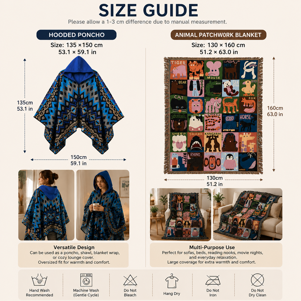 Black Warm Hooded Poncho Shawl and Animal Pattern Throw Blanket Set for Sofa view 3