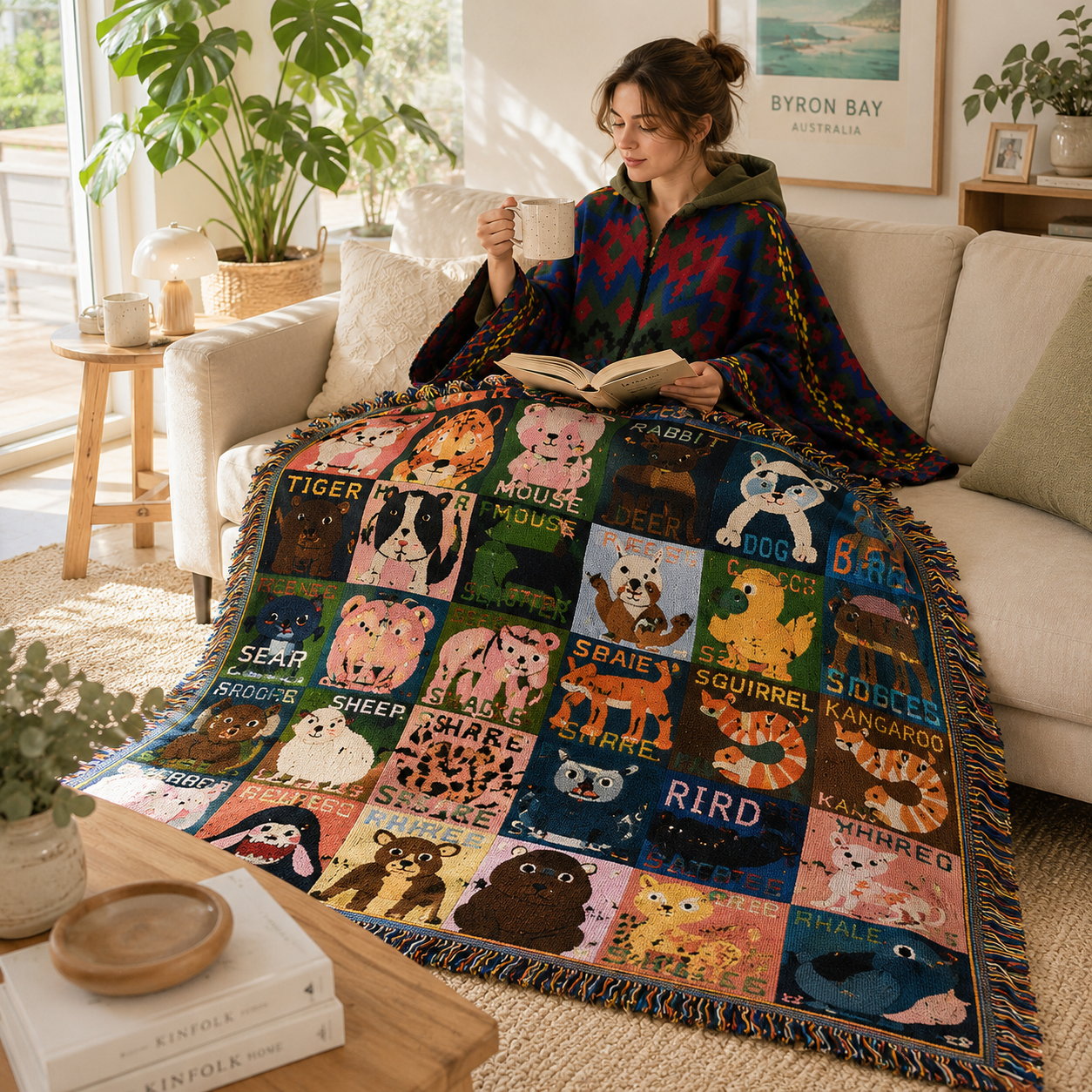 Blue-green Warm Hooded Poncho Shawl and Animal Pattern Throw Blanket Set for Sofa view 2