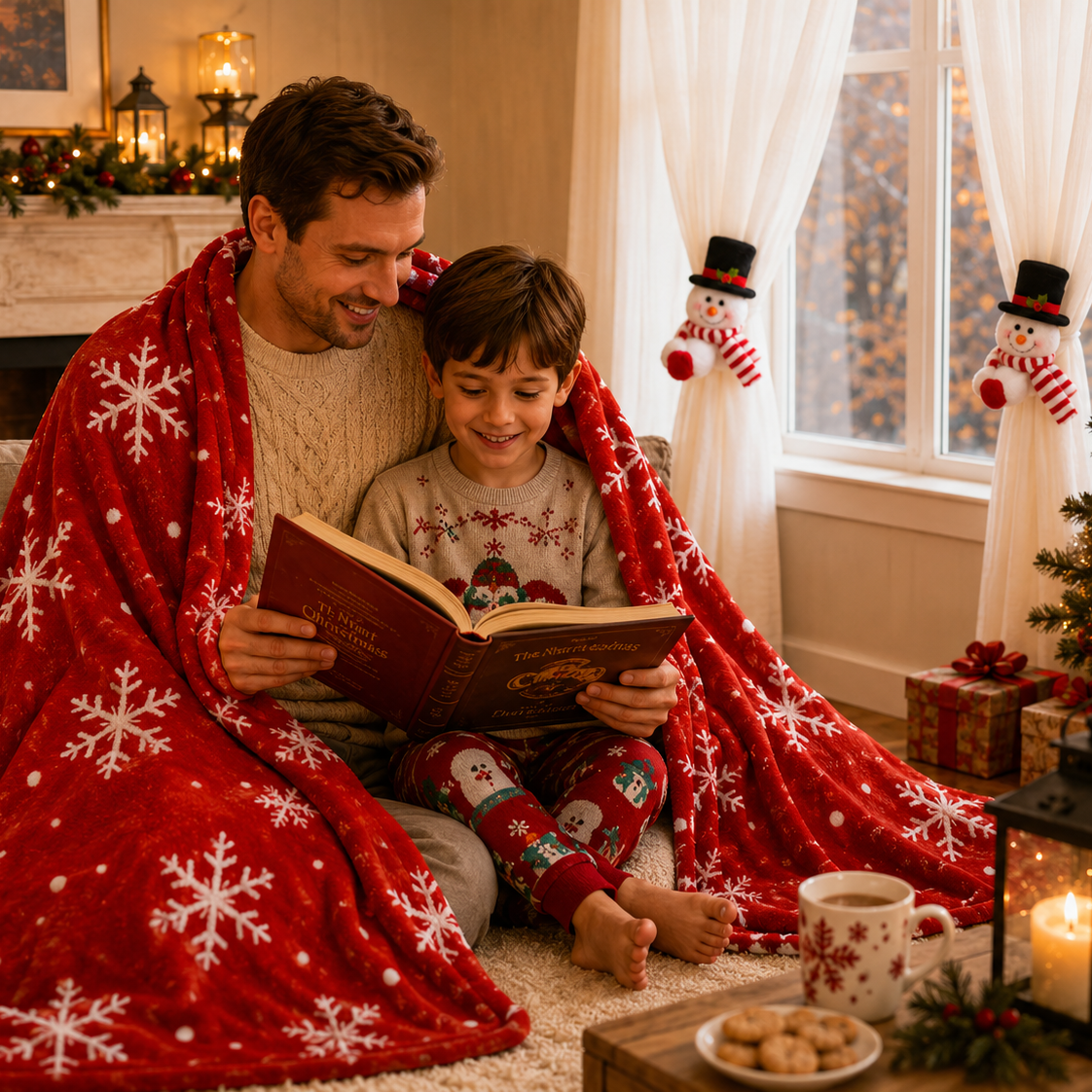 Christmas Flannel Throw Blanket and Snowman Curtain Tieback Set view 2