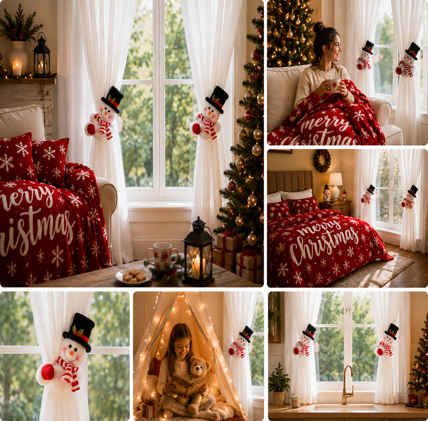 Christmas Flannel Throw Blanket and Snowman Curtain Tieback Set view 3