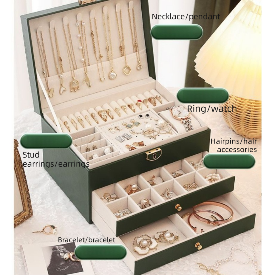 White Large Lockable Jewellery Box with 3 Drawers PU Leather Jewellery view 5