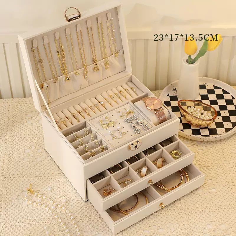 White Large Lockable Jewellery Box with 3 Drawers PU Leather Jewellery view 7