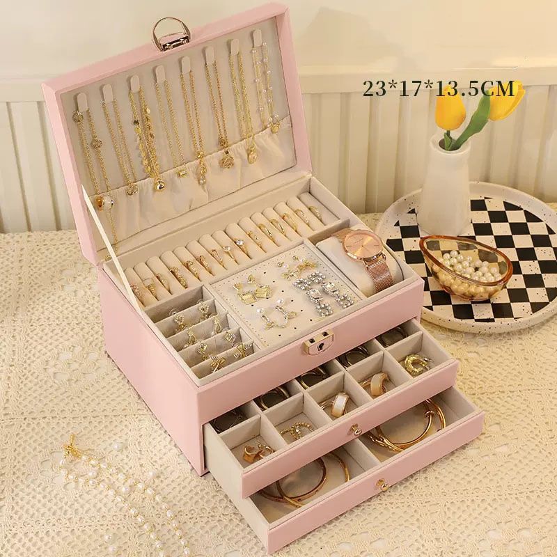 Pink Large Lockable Jewellery Box with 3 Drawers PU Leather Jewellery view 7