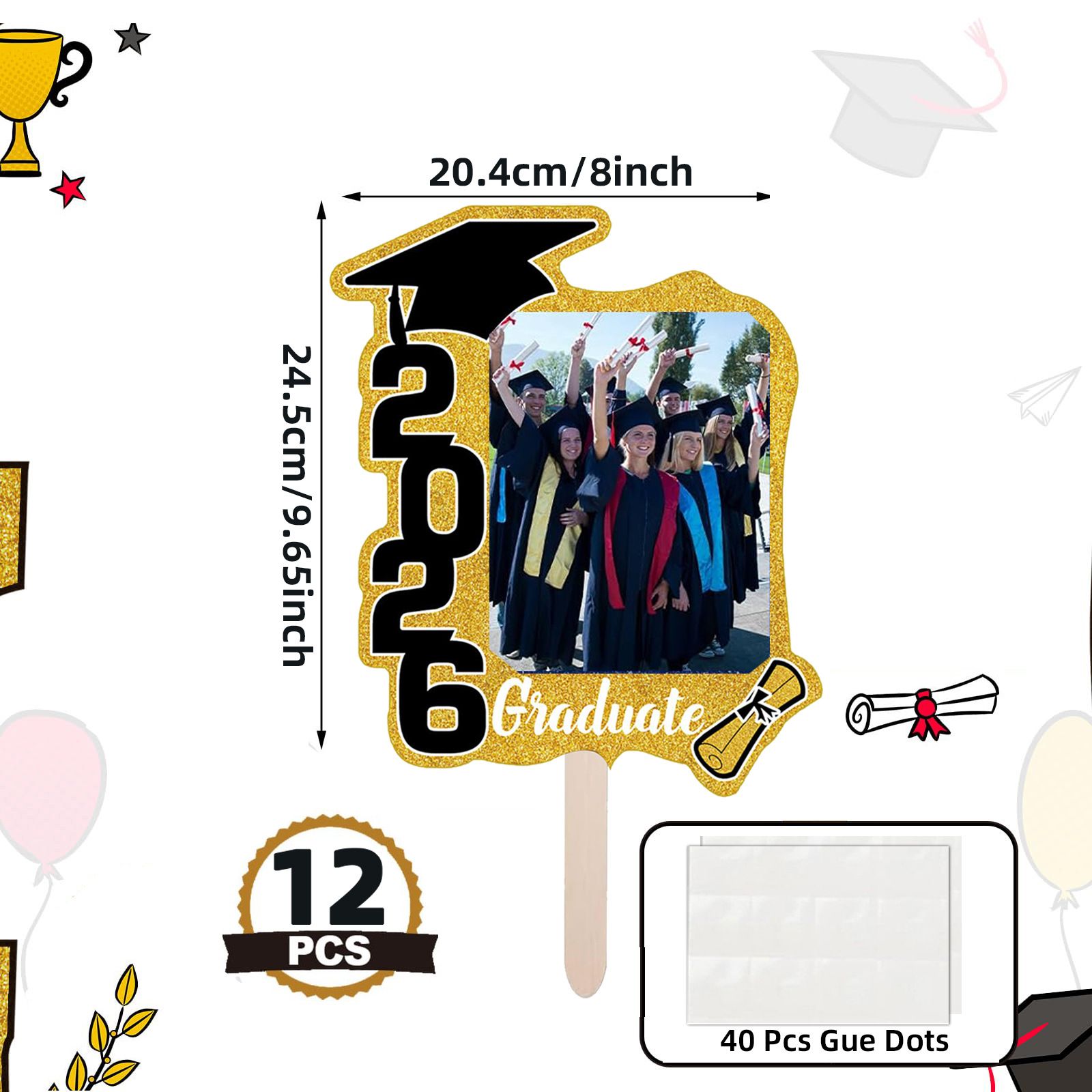 Graduate Photo Frame Fan Prop for Graduation Party (12pcs Blue) view 4