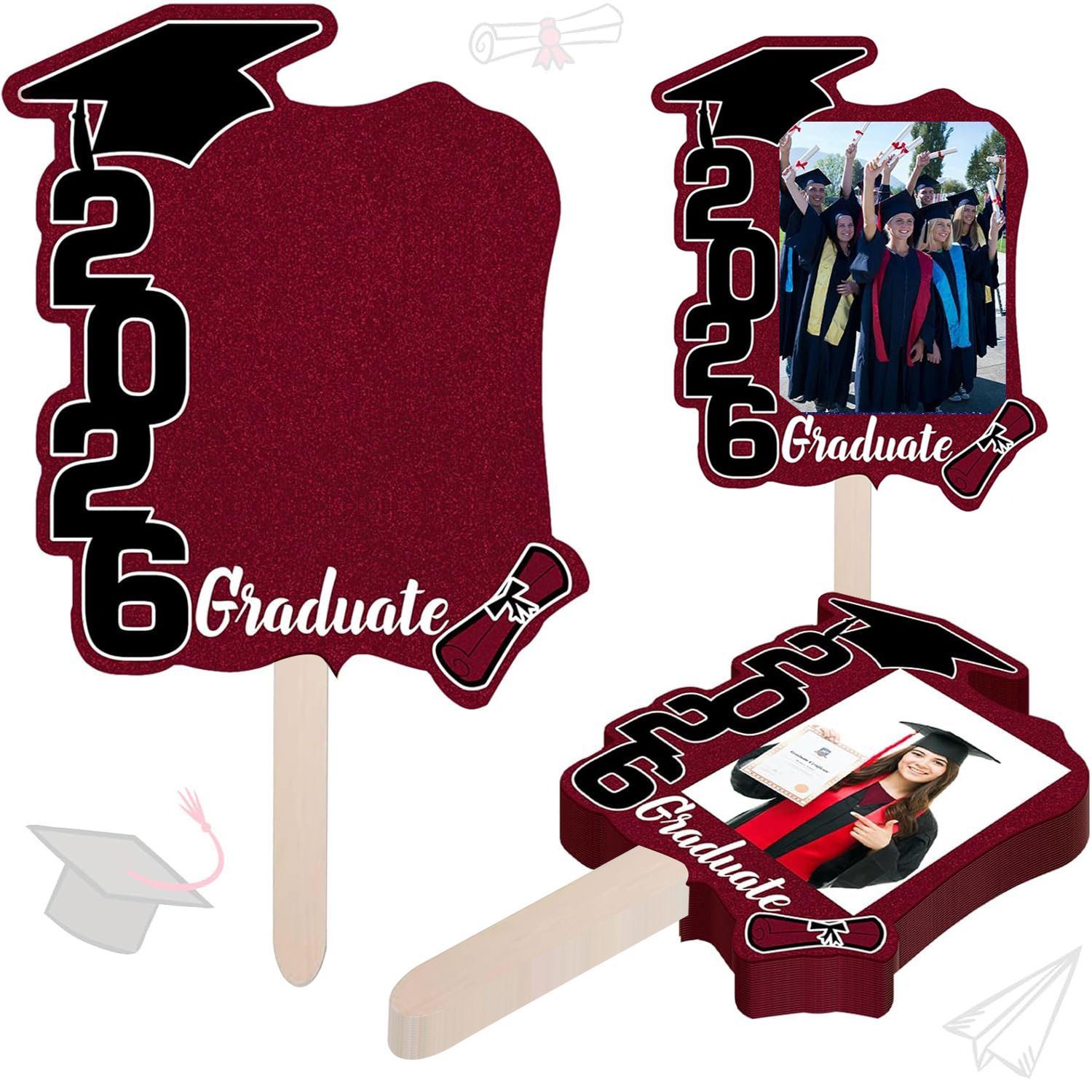 Graduate Photo Frame Fan Prop for Graduation Party (12pcs Burgundy)
