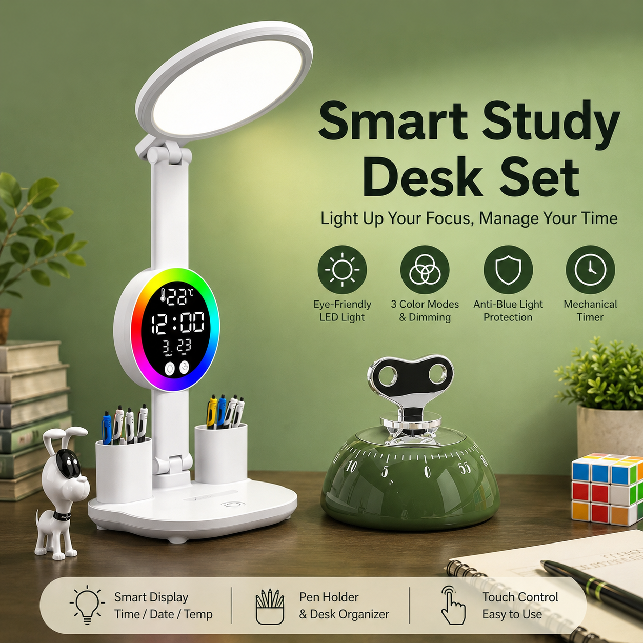 Study Smarter Bundle LED Reading Lamp with Smart Display Pen Holders & Green view 2