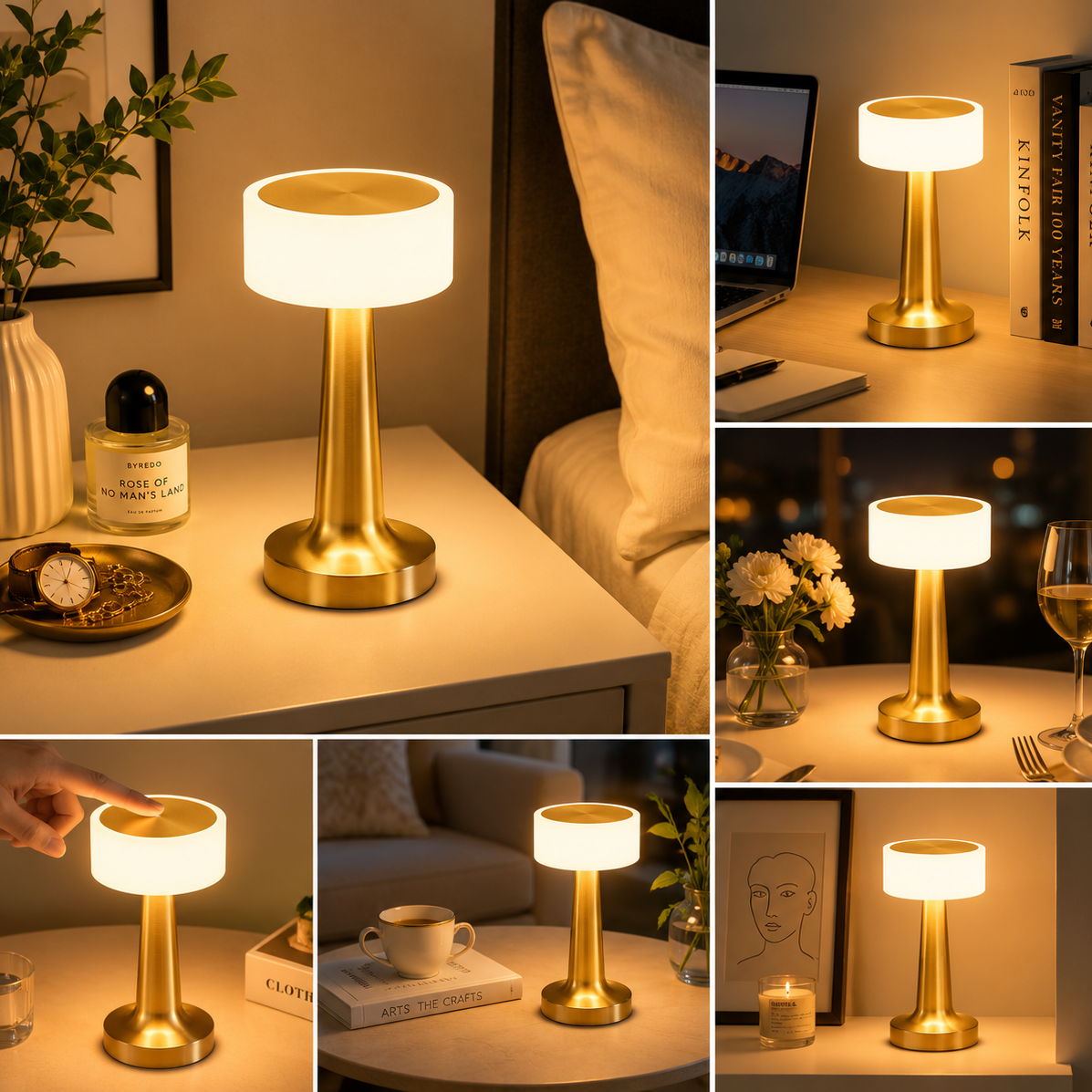 Gold Rechargeable Acrylic Shade UFO Table Lamp Touch Control LED Bedside Night view 2