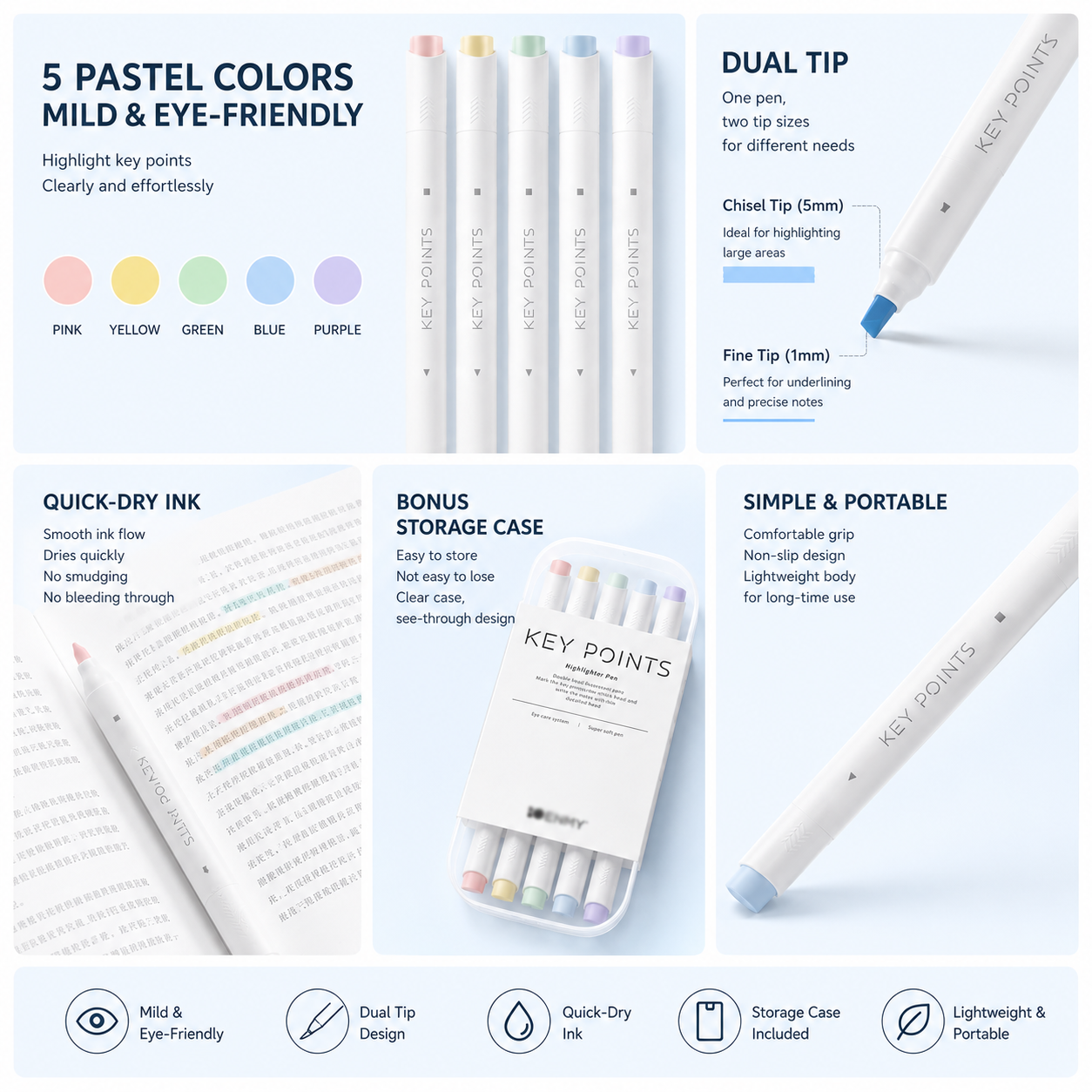 Macaron Pastel Dual-Tip Highlighter & Magnetic Mechanical Timer(Blue) Set view 5