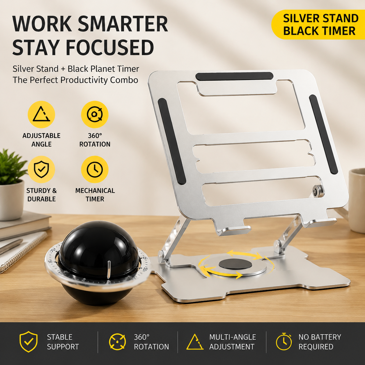 360° Rotating Laptop Stand(Silver) & Magnetic Mechanical Timer(Black) Set view 2