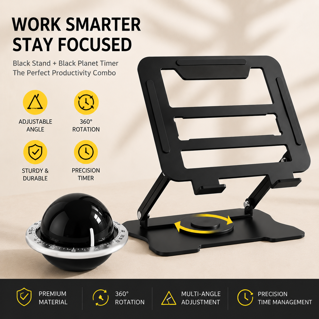 360° Rotating Laptop Stand(Black) & Magnetic Mechanical Timer(Black) Set view 2