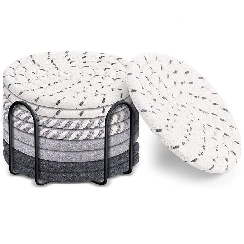 Gray tones 8 Piece Handmade Braided Cotton Coasters Set with Holder 4.3 Inch view 2