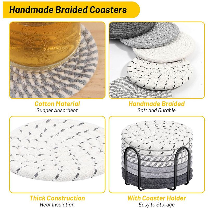 Gray tones 8 Piece Handmade Braided Cotton Coasters Set with Holder 4.3 Inch view 5