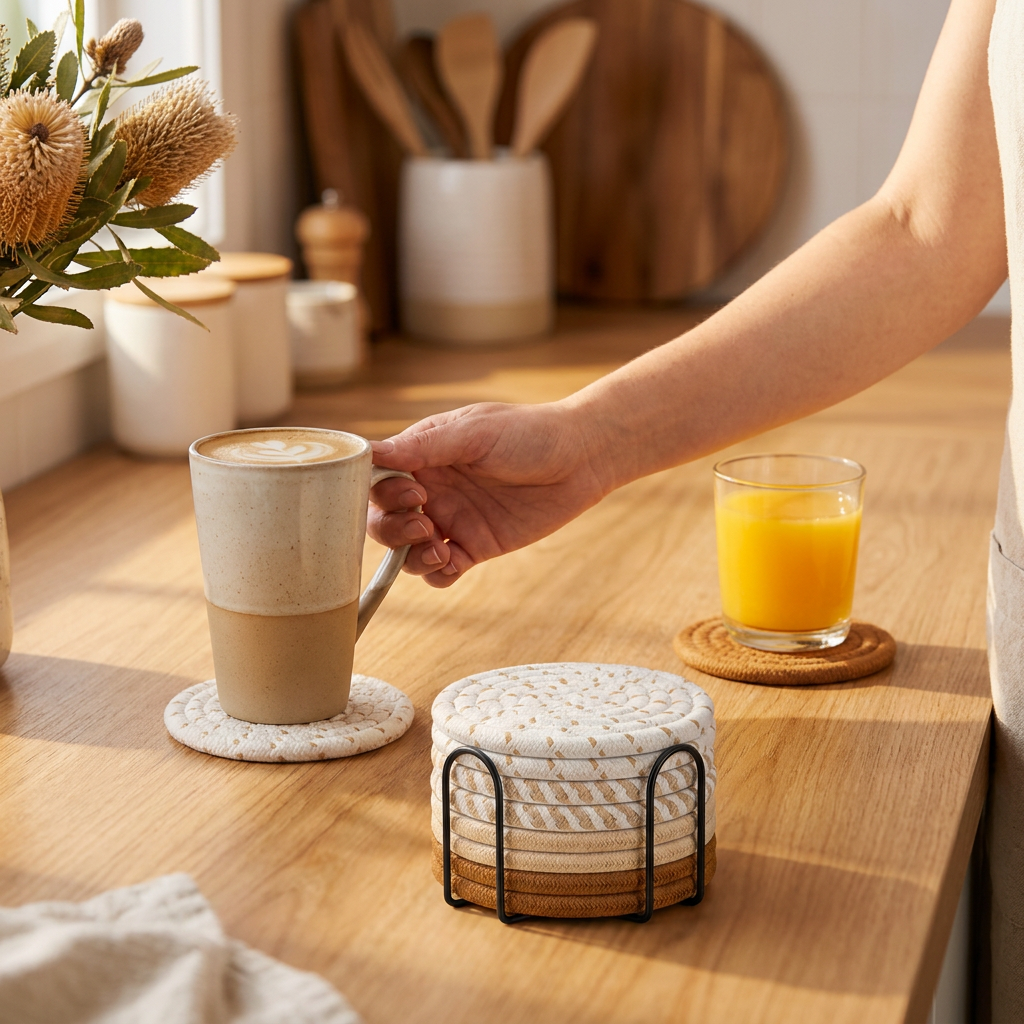 Brown series 8 Piece Handmade Braided Cotton Coasters Set with Holder 4.3 Inch view 3