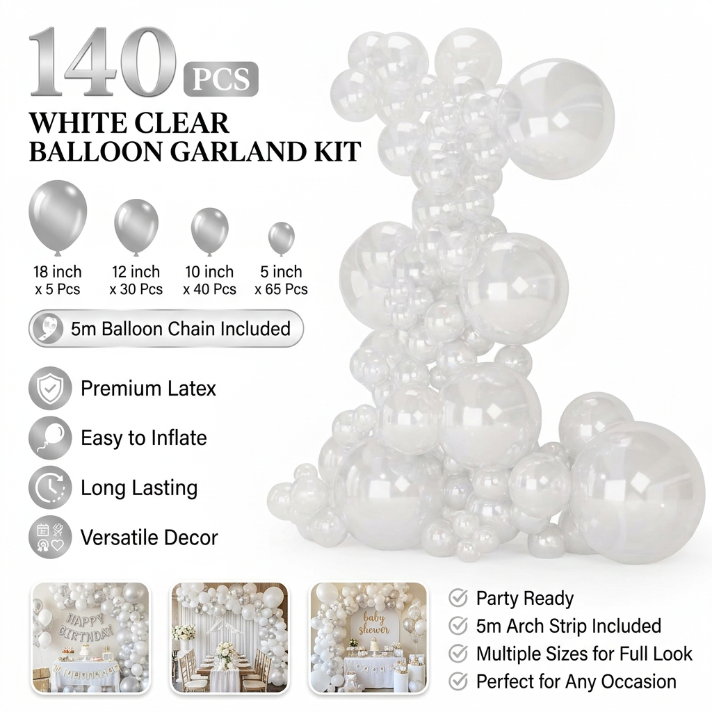 140PCS Transparent Balloon Garland Kit Latex Balloon Arch Set for Birthday