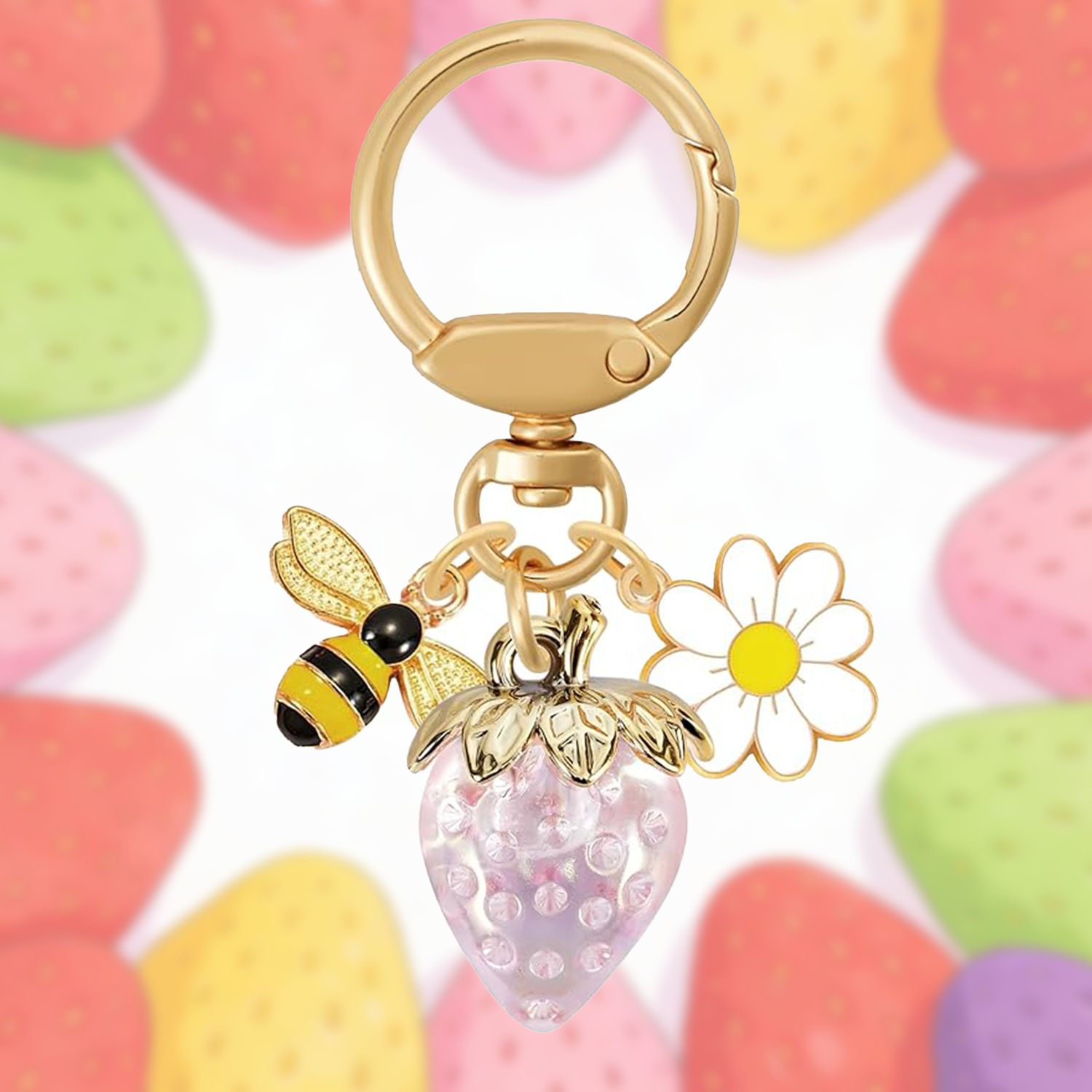 Crystal Pink Strawberry Bee Daisy Keychain - Gold Metal Ring with Rhinestone