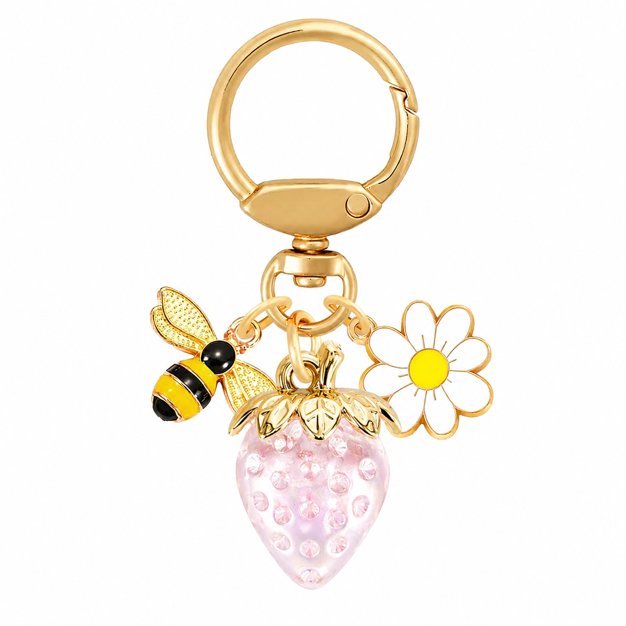 Crystal Pink Strawberry Bee Daisy Keychain - Gold Metal Ring with Rhinestone view 4