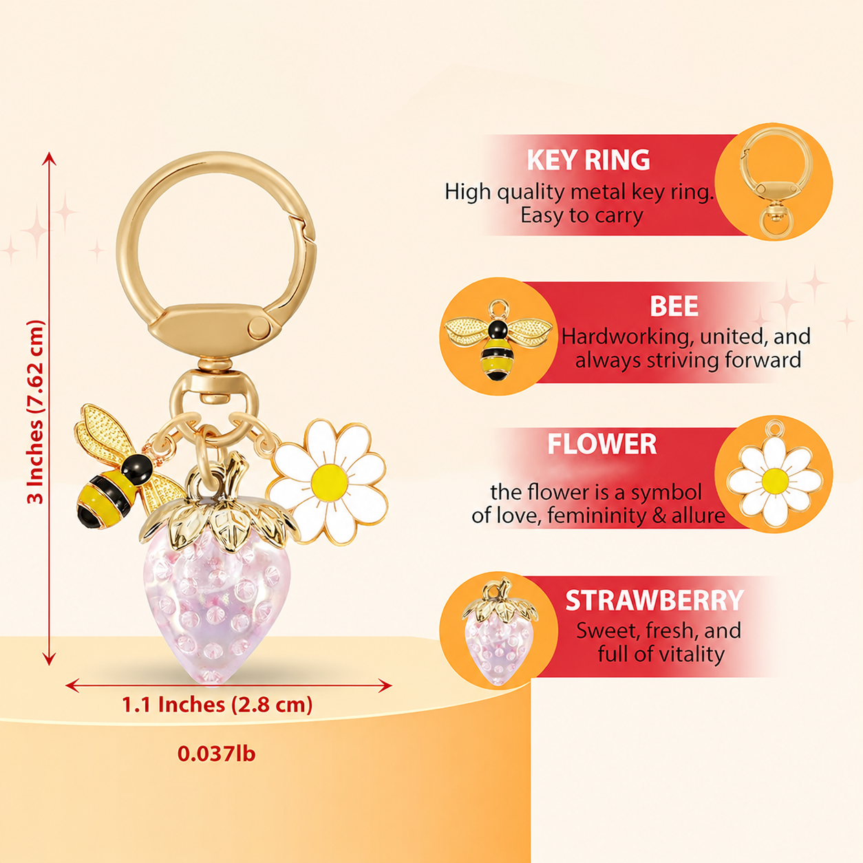 Crystal Pink Strawberry Bee Daisy Keychain - Gold Metal Ring with Rhinestone view 5