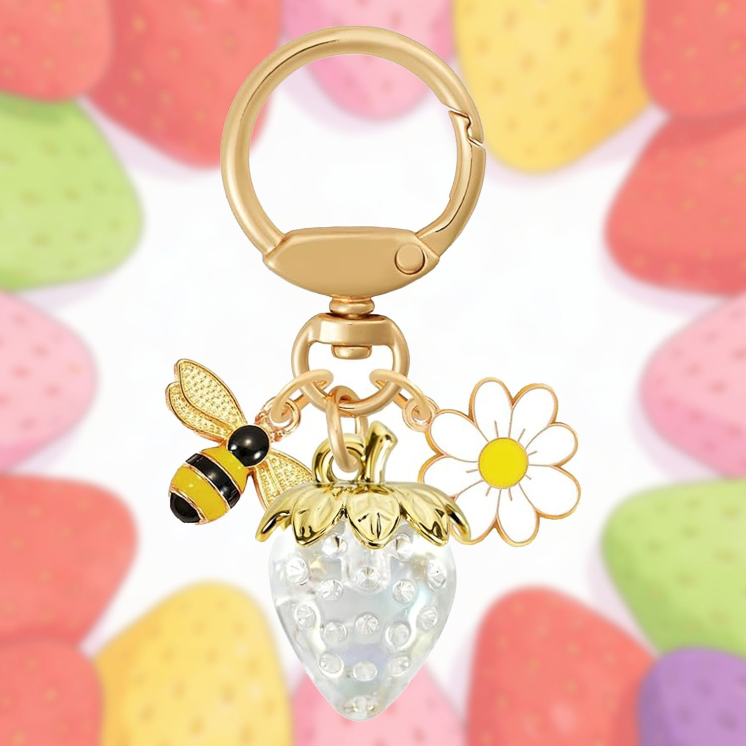 Crystal White Strawberry Bee Daisy Keychain - Gold Metal Ring with Rhinestone