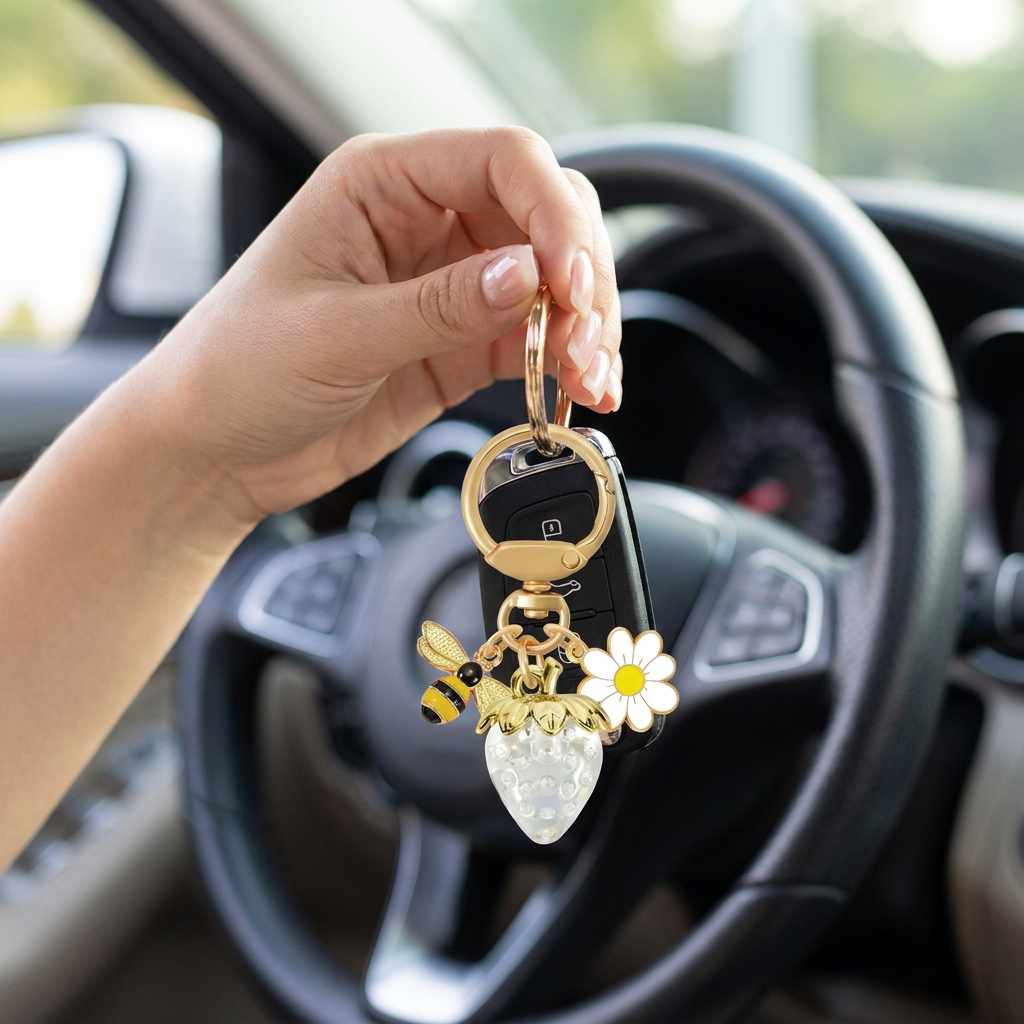Crystal White Strawberry Bee Daisy Keychain - Gold Metal Ring with Rhinestone view 3