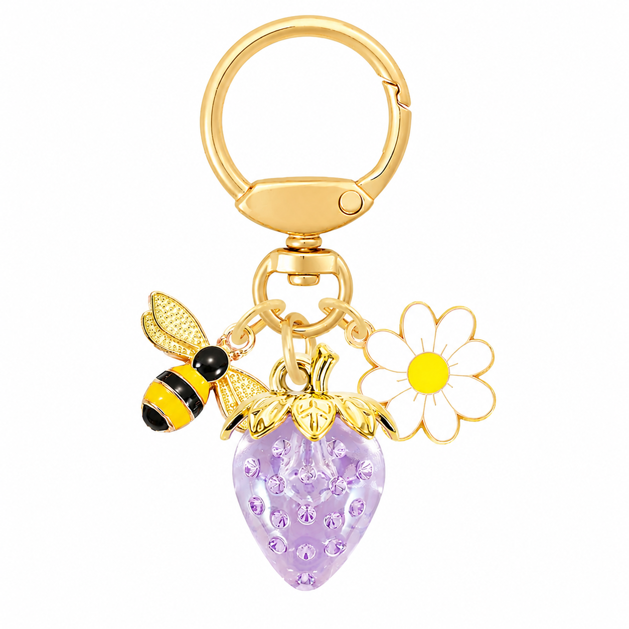Crystal Purple Strawberry Bee Daisy Keychain - Gold Metal Ring with Rhinestone