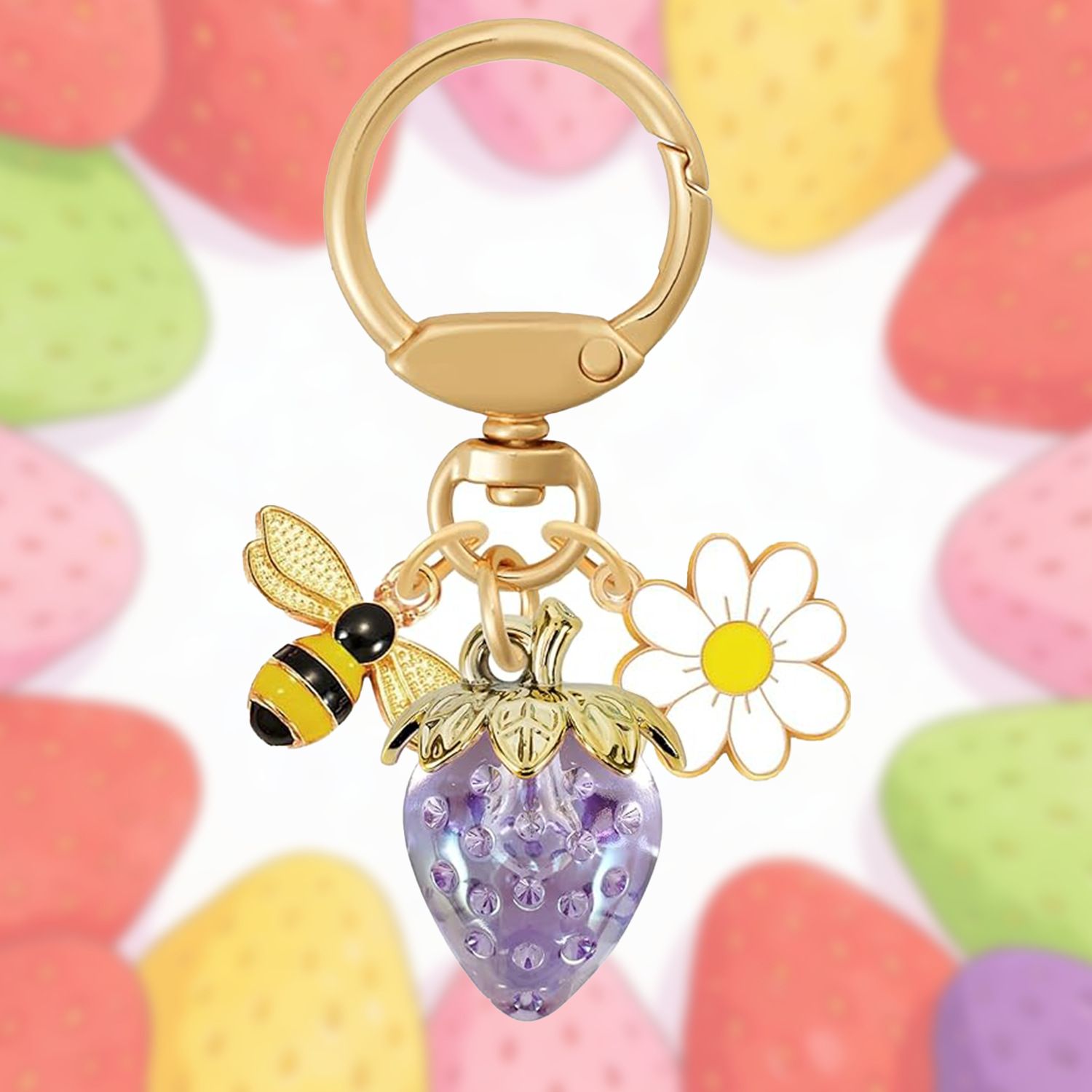 Crystal Purple Strawberry Bee Daisy Keychain - Gold Metal Ring with Rhinestone view 2