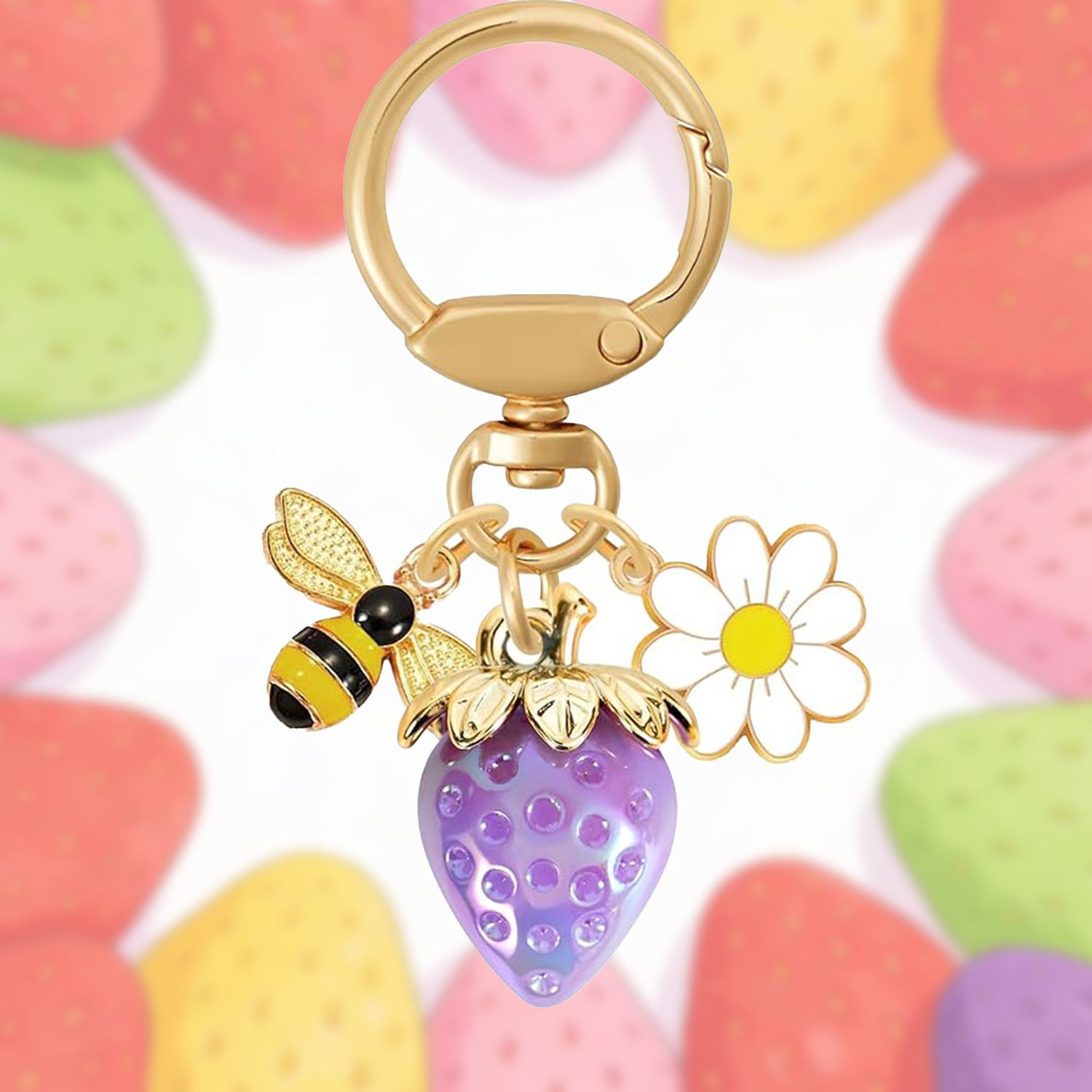 Solid Purple Strawberry Bee Daisy Keychain - Gold Metal Ring with Rhinestone