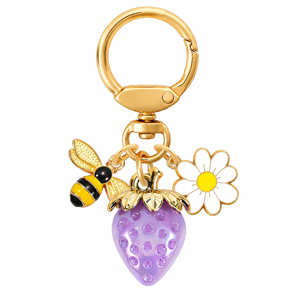 Solid Purple Strawberry Bee Daisy Keychain - Gold Metal Ring with Rhinestone view 2