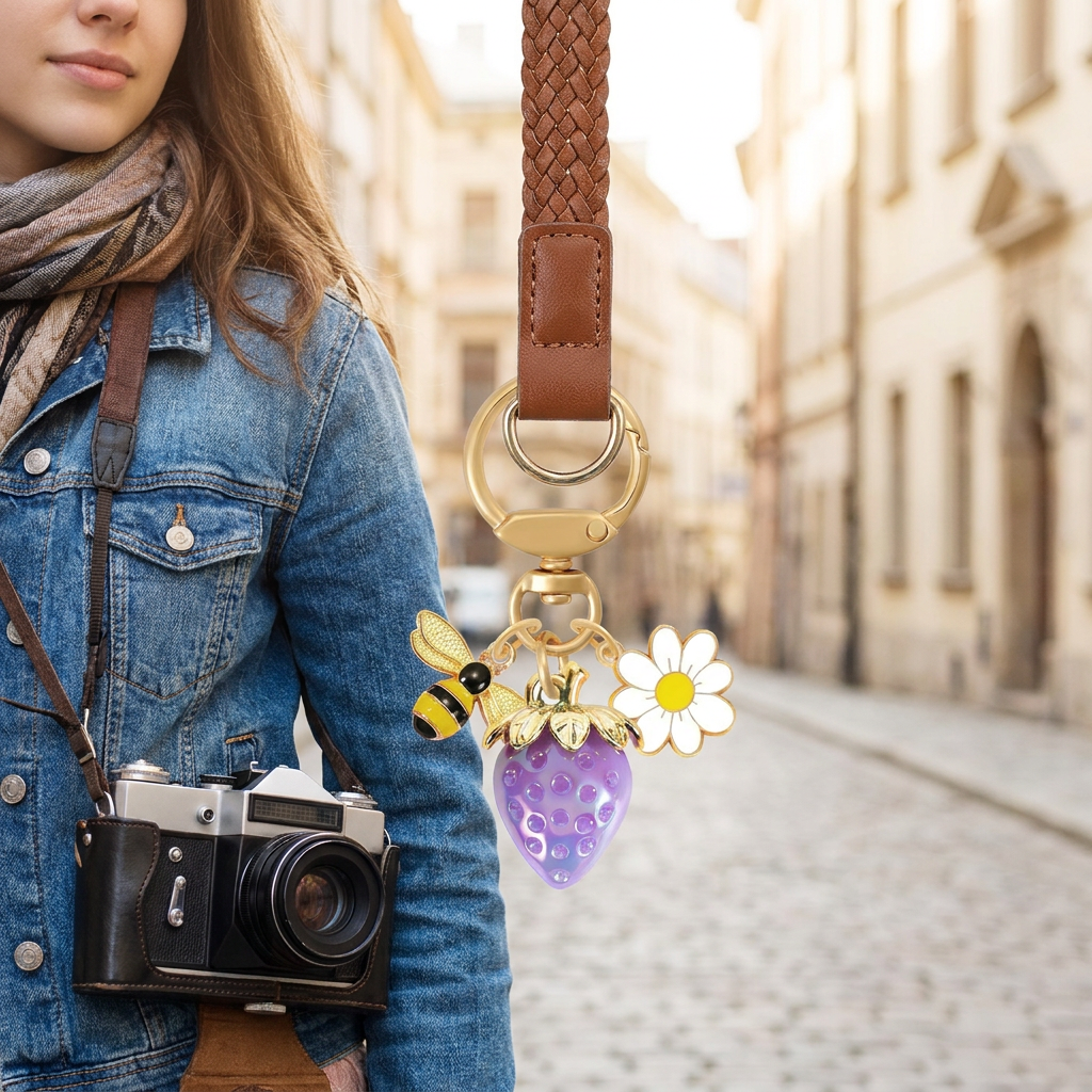Solid Purple Strawberry Bee Daisy Keychain - Gold Metal Ring with Rhinestone view 3