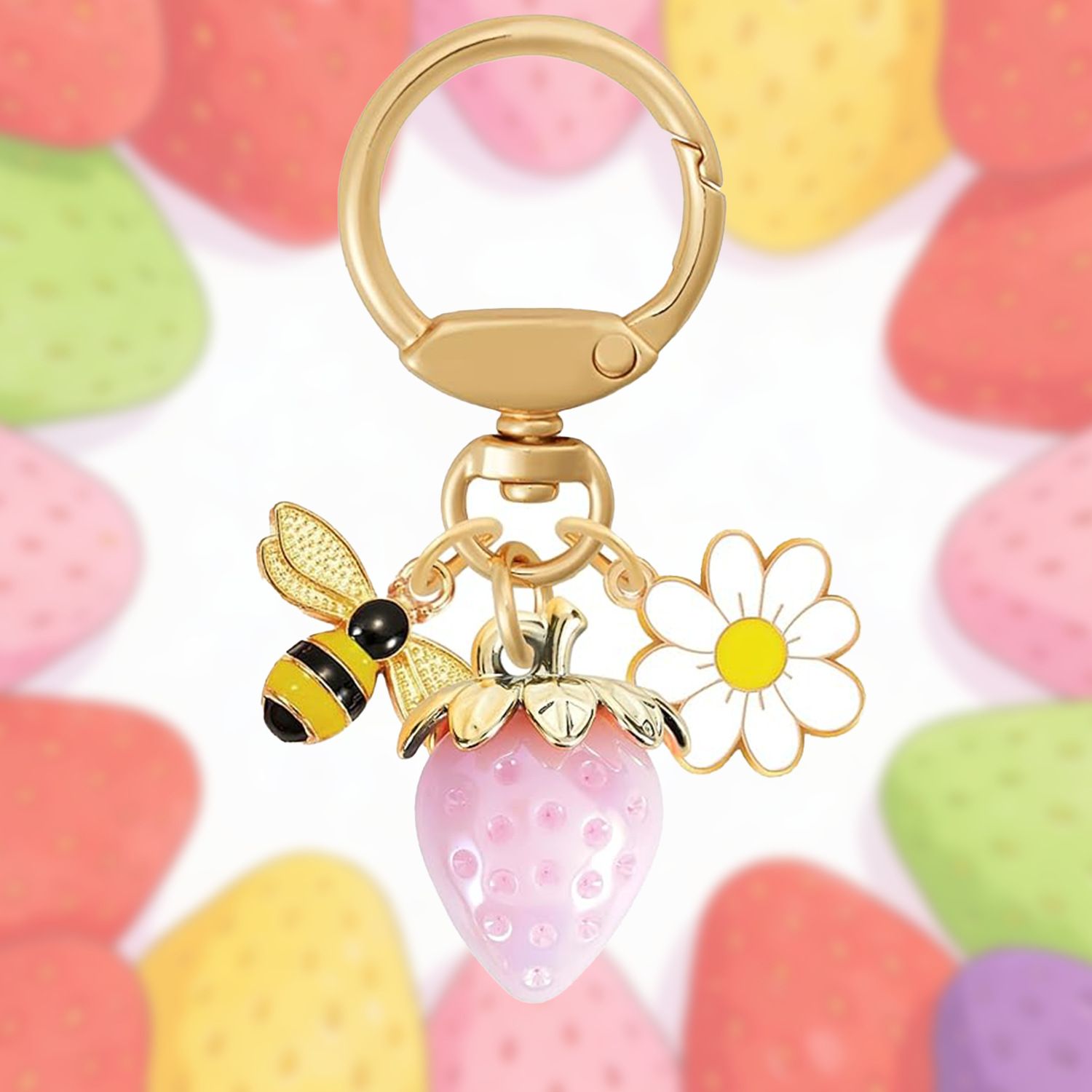 Solid Pink Strawberry Bee Daisy Keychain - Gold Metal Ring with Rhinestone
