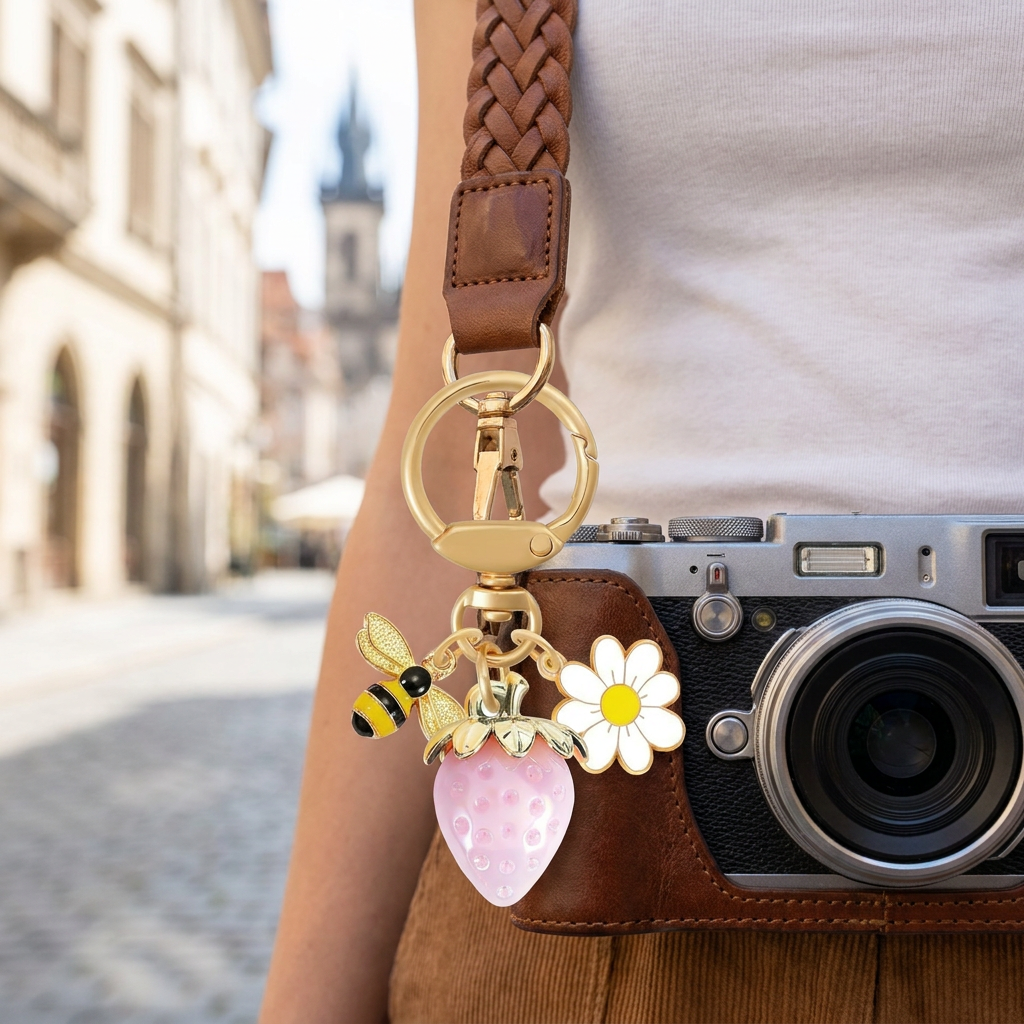 Solid Pink Strawberry Bee Daisy Keychain - Gold Metal Ring with Rhinestone view 2