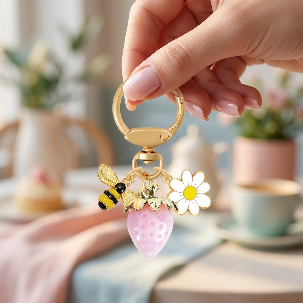 Solid Pink Strawberry Bee Daisy Keychain - Gold Metal Ring with Rhinestone view 3