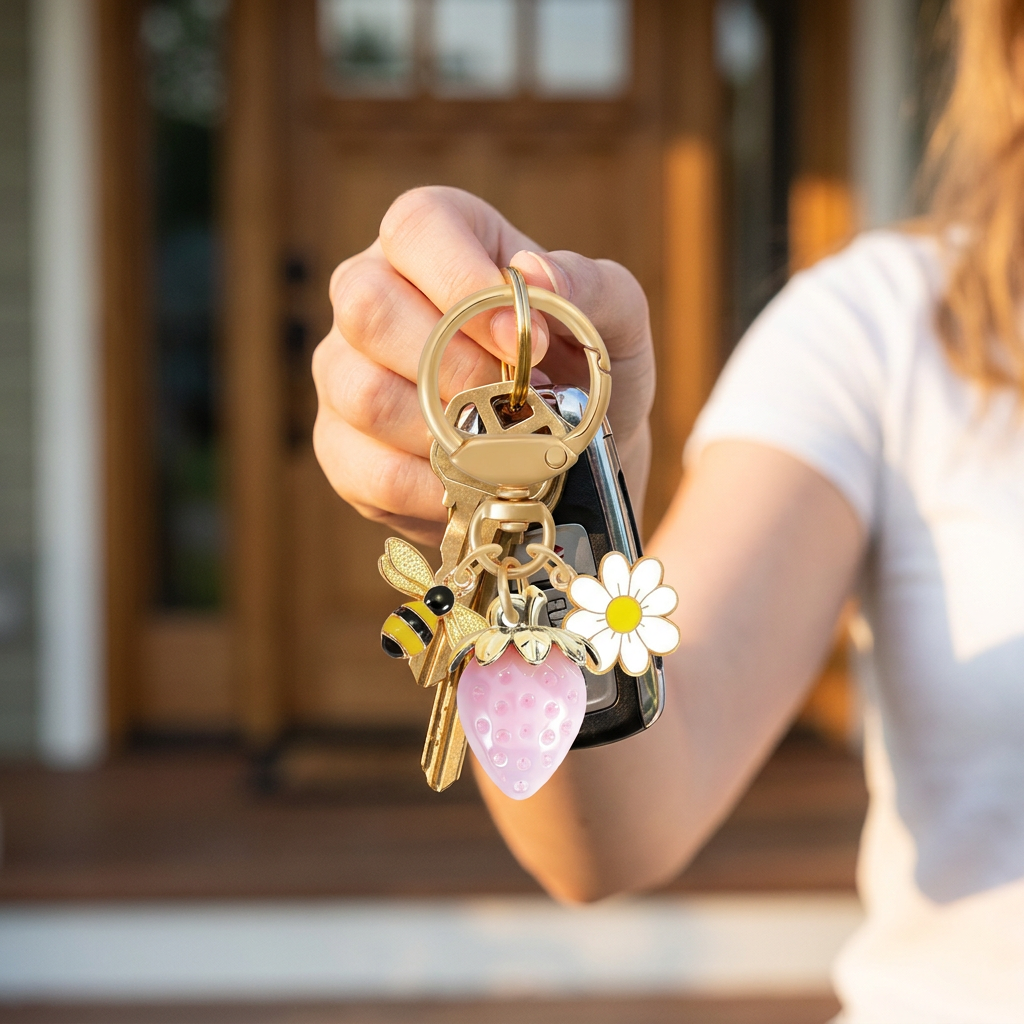 Solid Pink Strawberry Bee Daisy Keychain - Gold Metal Ring with Rhinestone view 4