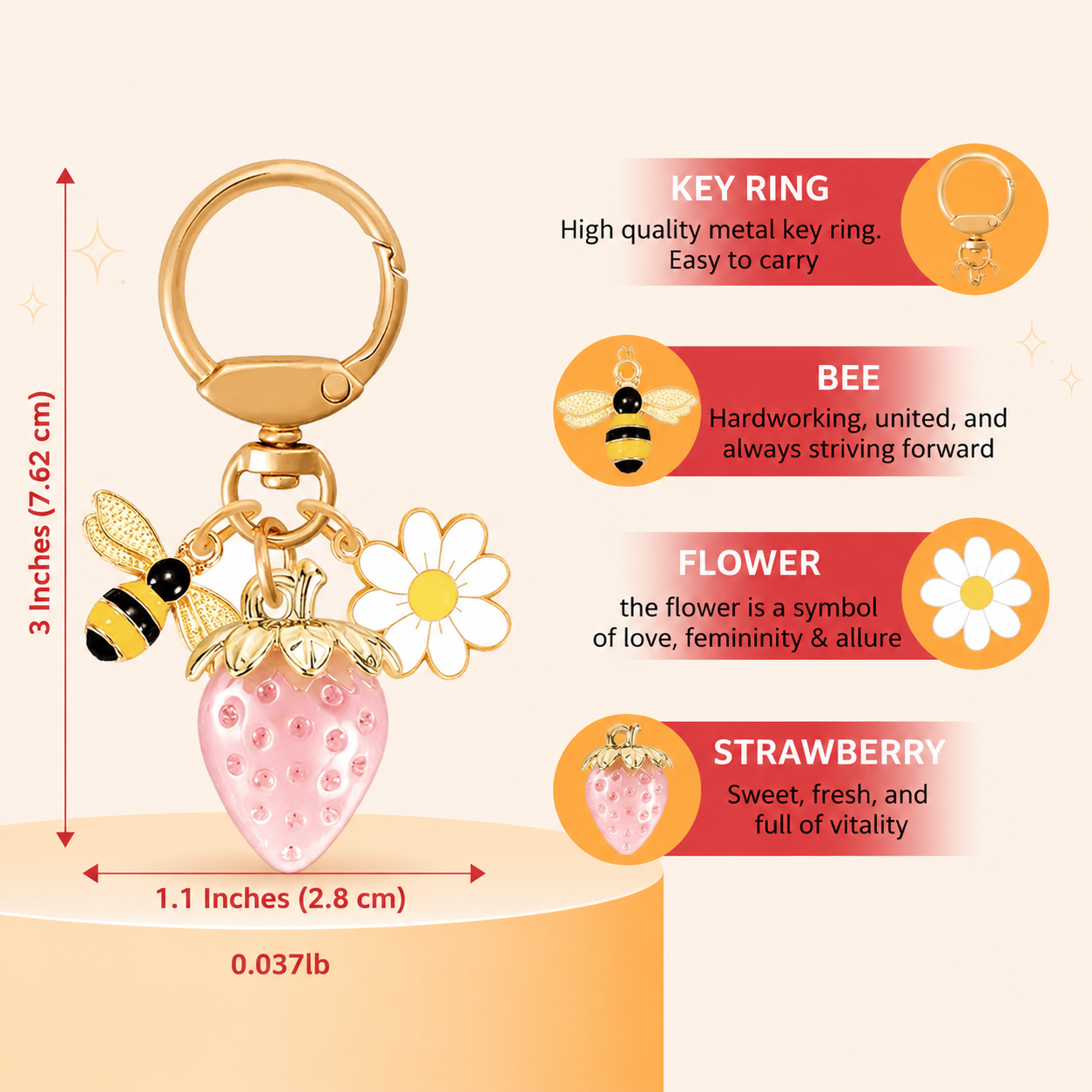 Solid Pink Strawberry Bee Daisy Keychain - Gold Metal Ring with Rhinestone view 7