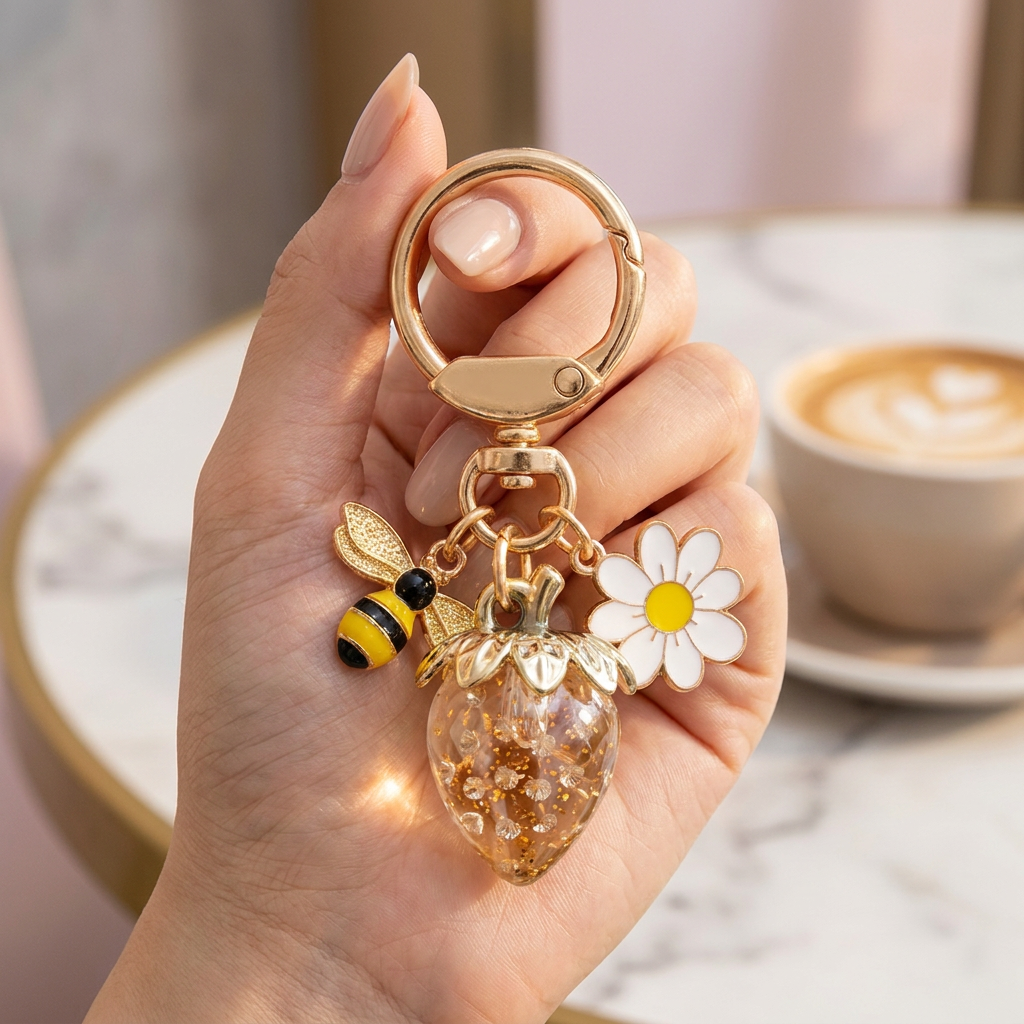 Crystal Gold Strawberry Bee Daisy Keychain - Gold Metal Ring with Rhinestone