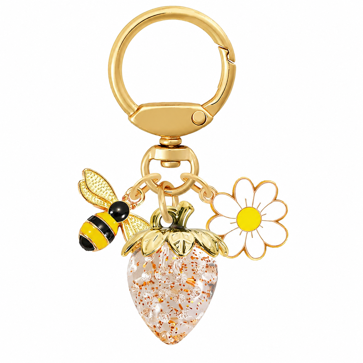 Crystal Gold Strawberry Bee Daisy Keychain - Gold Metal Ring with Rhinestone view 3