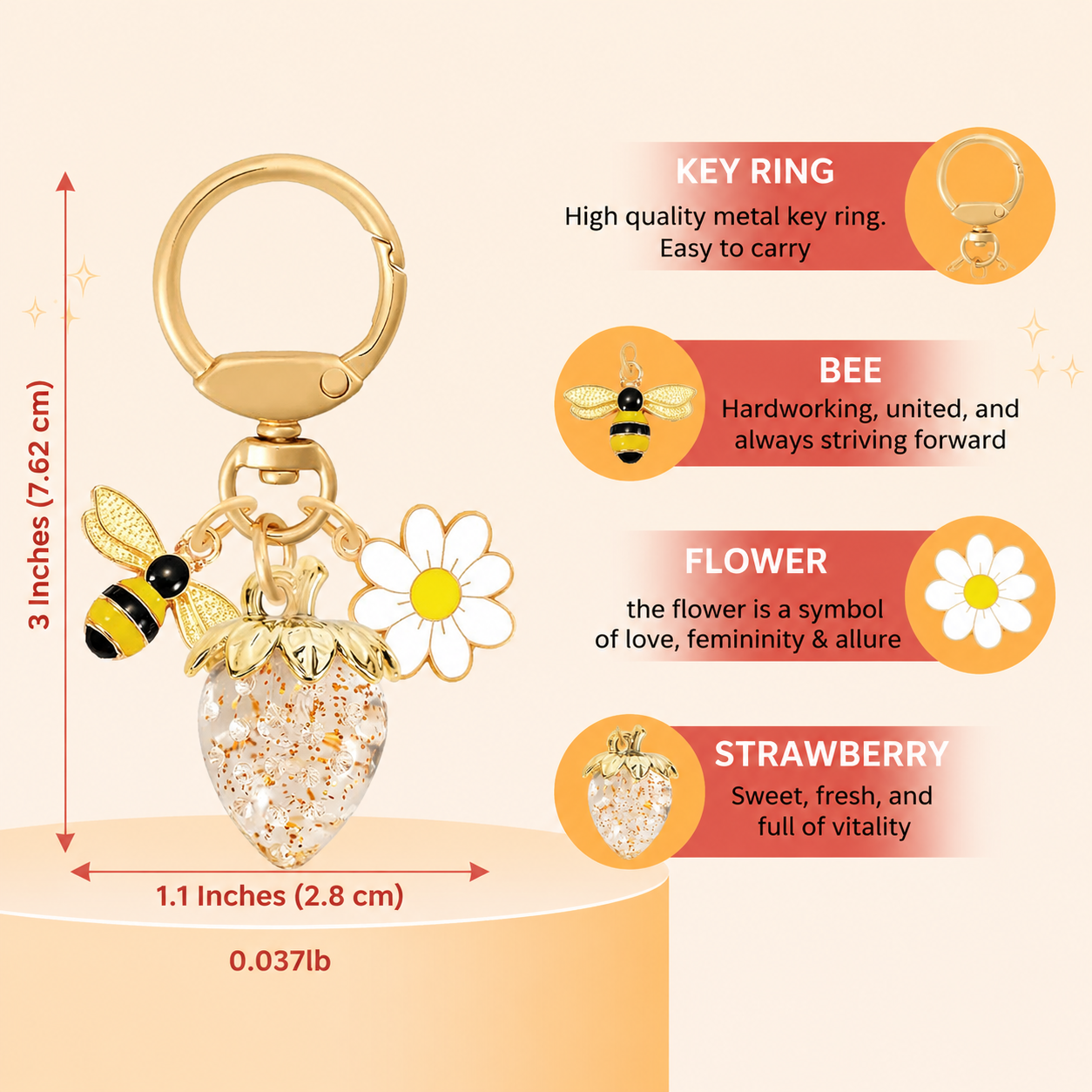 Crystal Gold Strawberry Bee Daisy Keychain - Gold Metal Ring with Rhinestone view 5