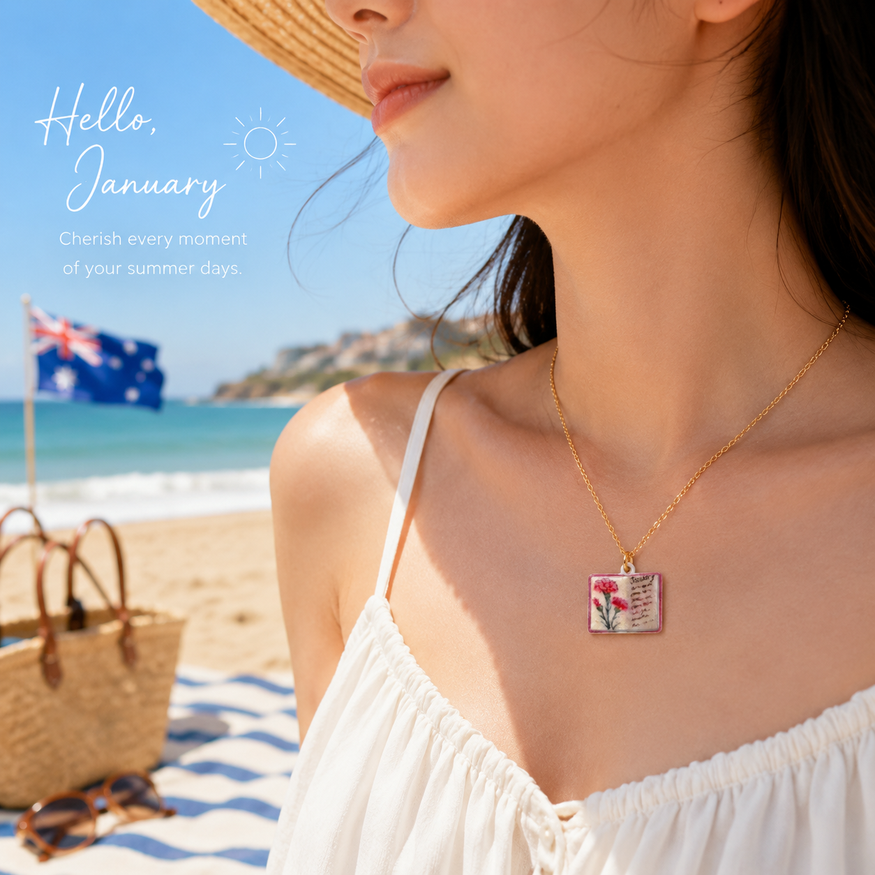 Vintage-style book necklace with January birthday flowers view 2